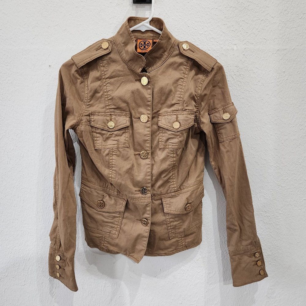 Tory Burch Canvas Jacket Womens XS Sgt. Pepper Jacket Khaki Tan Pockets